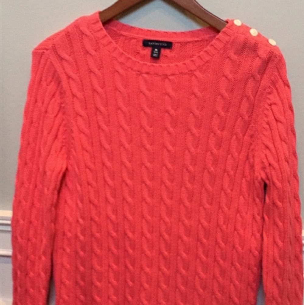 Women's Lands End Coral Orange Cableknit Sweater with Buttons Sz M